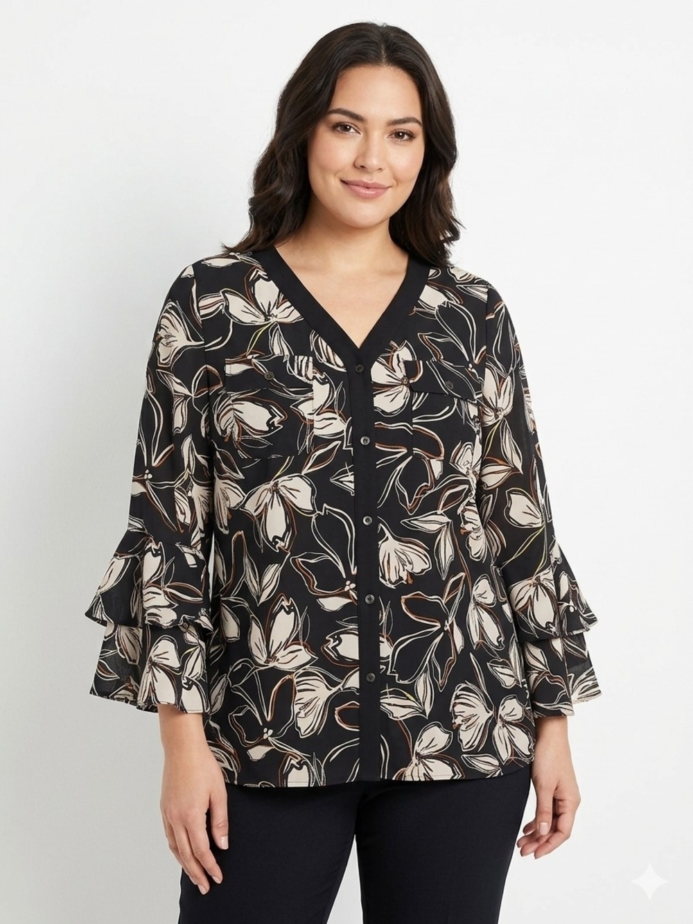 Investments Black Floral V-Neck Button Front Blouse